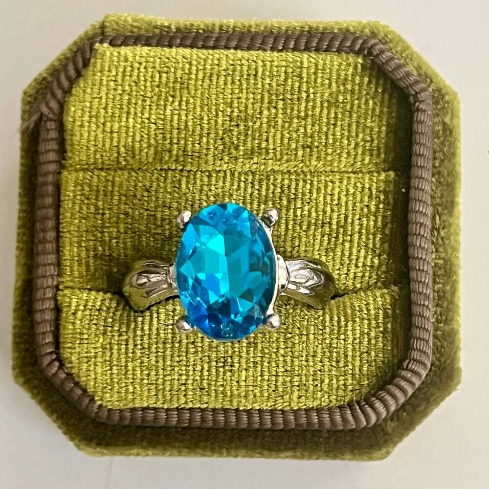 Blue Gemstone Oval Blue Rhinestone Titanium Steel Silver Band Size 8